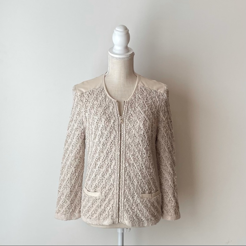 Ann Taylor Cream and Gold Zippered Cardigan with Faux Cream Leather Inserts